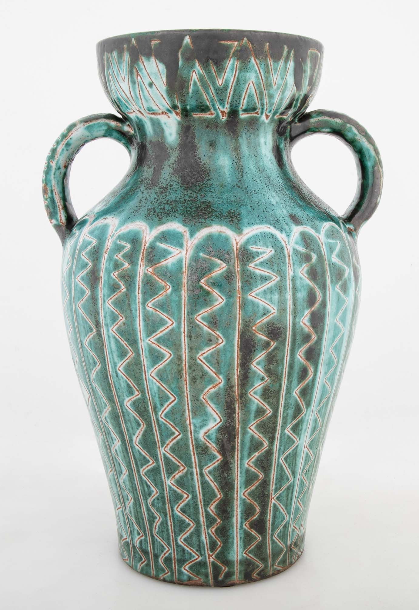 Earthenware Long Neck Teal Glazed Vase by French Ceramist Robert Picault