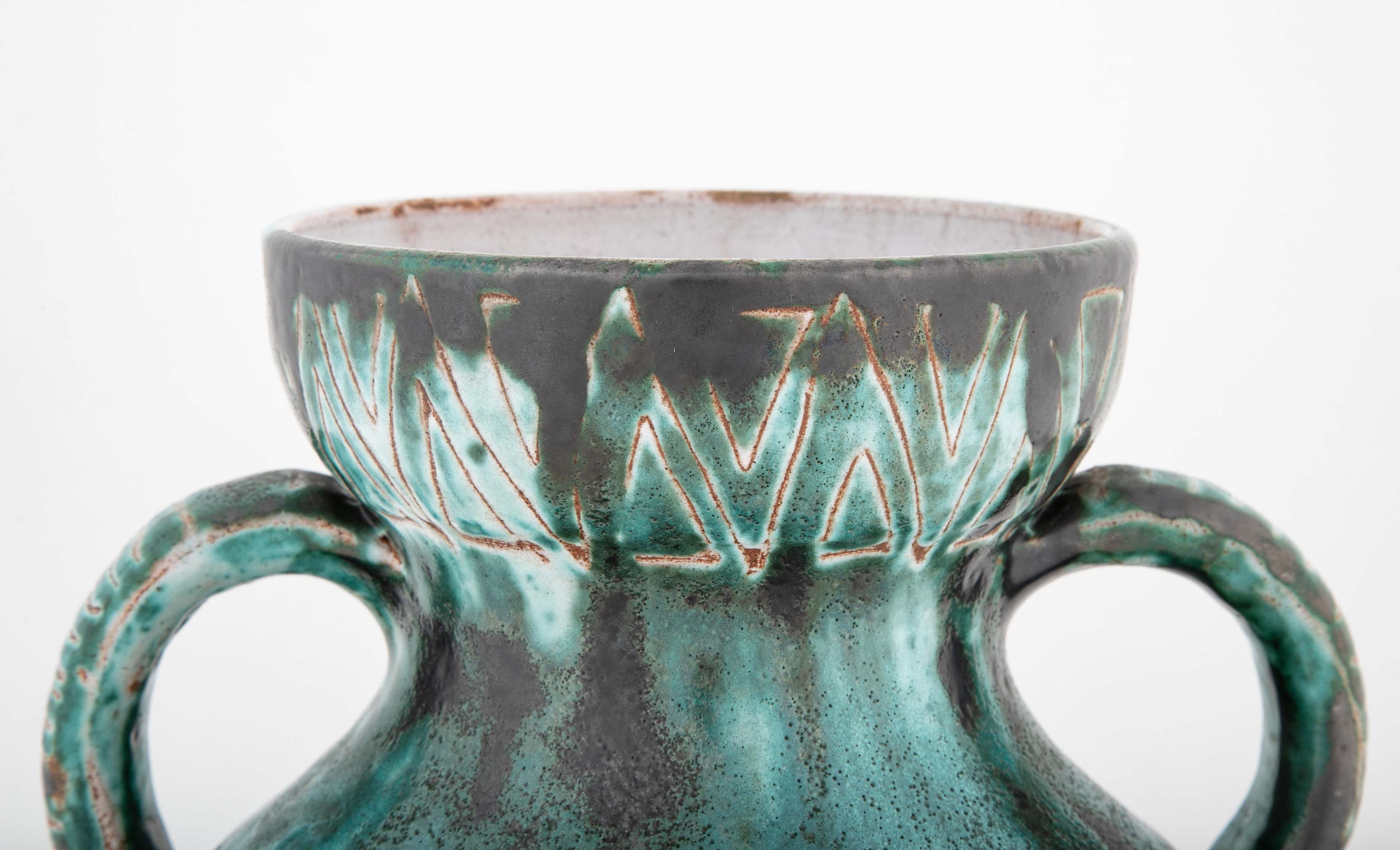 Earthenware Long Neck Teal Glazed Vase by French Ceramist Robert Picault