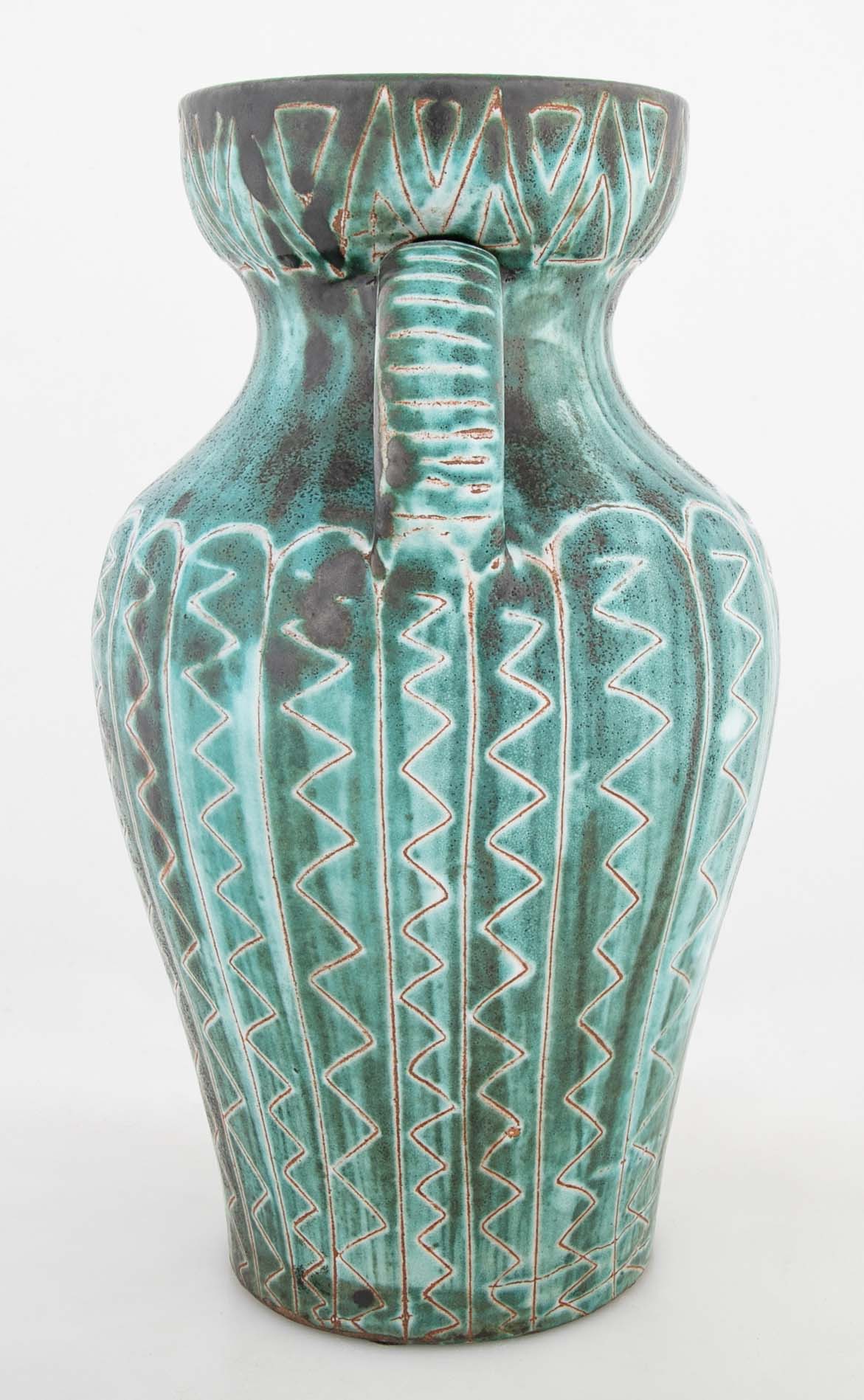 Earthenware Long Neck Teal Glazed Vase by French Ceramist Robert Picault