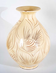 Kahler Earthenware Vase in Cream Glaze with Incised Foliage Design