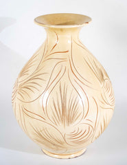 Kahler Earthenware Vase in Cream Glaze with Incised Foliage Design