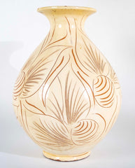 Kahler Earthenware Vase in Cream Glaze with Incised Foliage Design