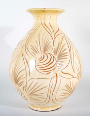 Kahler Earthenware Vase in Cream Glaze with Incised Foliage Design