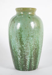 Green Fulper Pottery Vase with Darker Flambe on Light Green Field