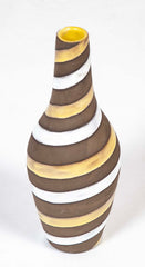 Oval Ceramic Vase with Long Cylindrical Neck Swirled with White & Yellow Enamel on Brown Base