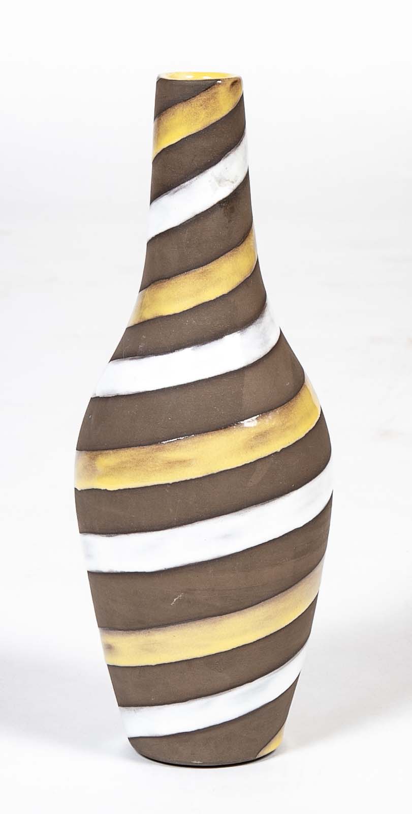 Oval Ceramic Vase with Long Cylindrical Neck Swirled with White & Yellow Enamel on Brown Base