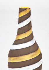 Oval Ceramic Vase with Long Cylindrical Neck Swirled with White & Yellow Enamel on Brown Base