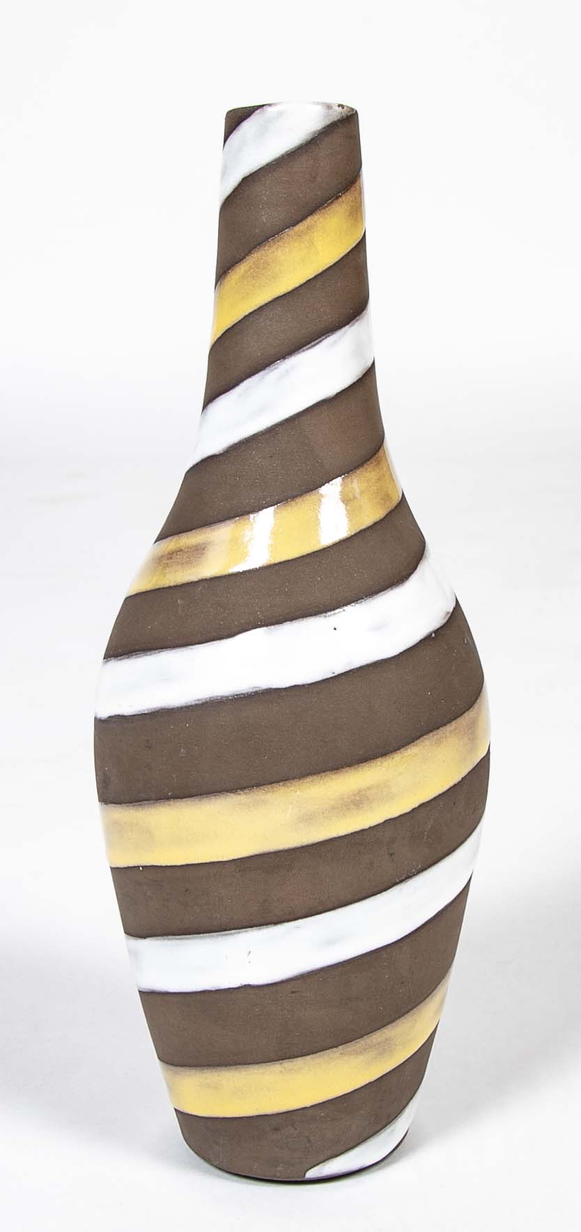 Oval Ceramic Vase with Long Cylindrical Neck Swirled with White & Yellow Enamel on Brown Base