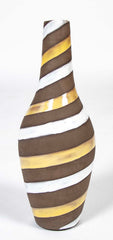 Oval Ceramic Vase with Long Cylindrical Neck Swirled with White & Yellow Enamel on Brown Base