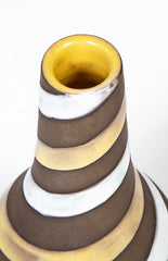 Oval Ceramic Vase with Long Cylindrical Neck Swirled with White & Yellow Enamel on Brown Base