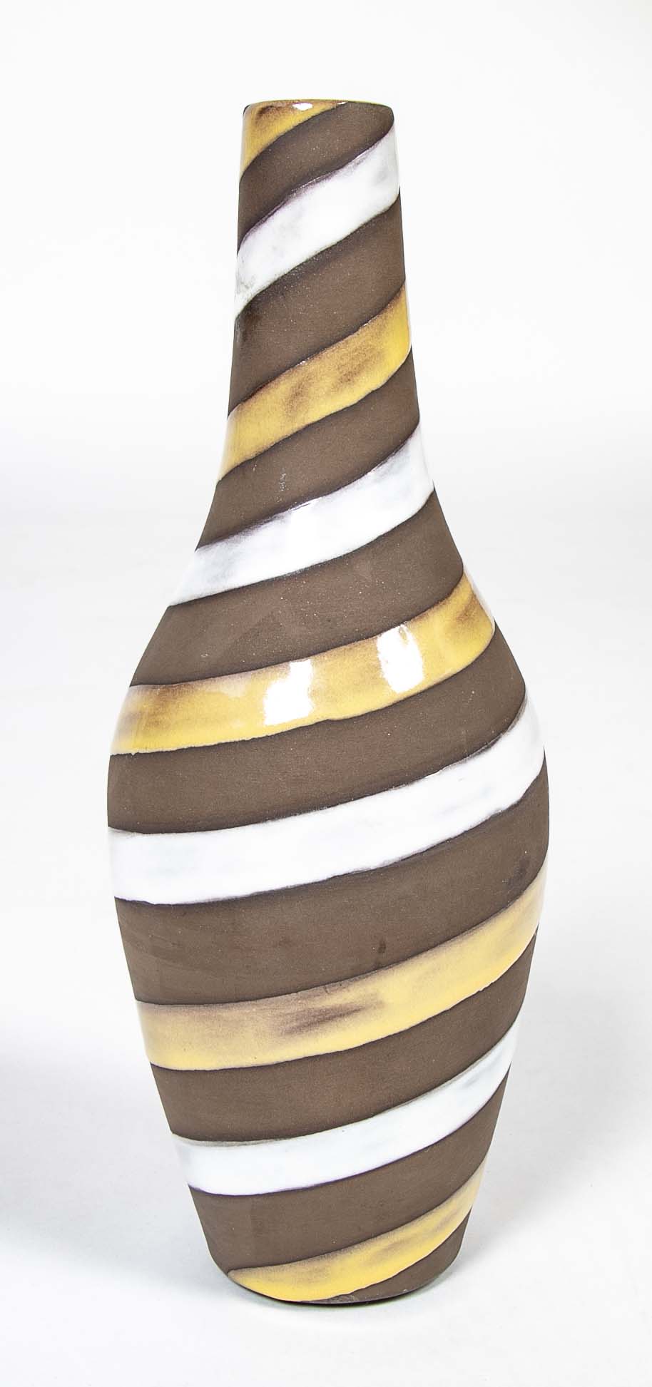 Oval Ceramic Vase with Long Cylindrical Neck Swirled with White & Yellow Enamel on Brown Base