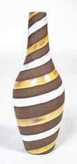 Oval Ceramic Vase with Long Cylindrical Neck Swirled with White & Yellow Enamel on Brown Base