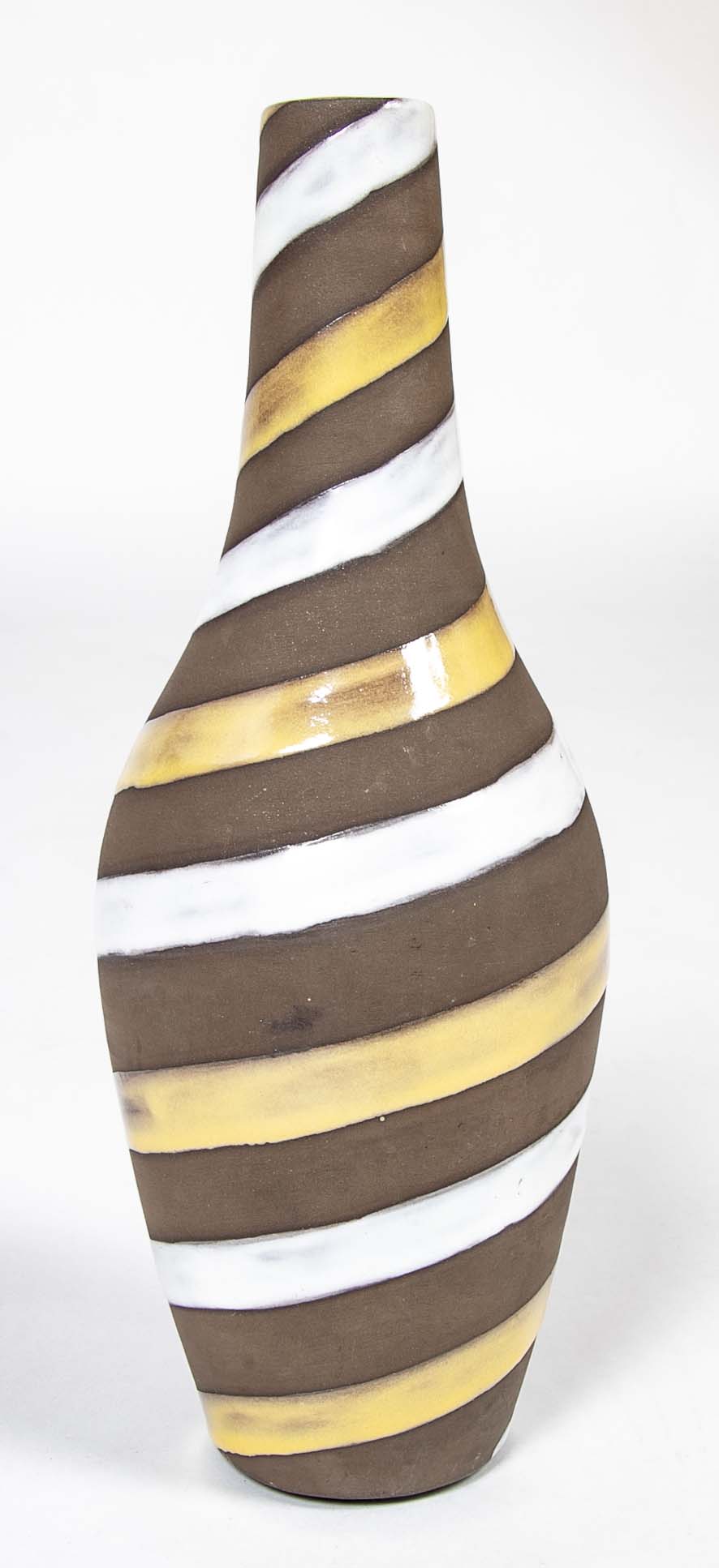 Oval Ceramic Vase with Long Cylindrical Neck Swirled with White & Yellow Enamel on Brown Base