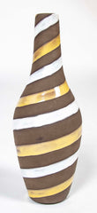 Oval Ceramic Vase with Long Cylindrical Neck Swirled with White & Yellow Enamel on Brown Base