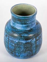 Jacques Blin Incised Blue Glazed Ceramic Vase with Animal Decor