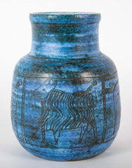 Jacques Blin Incised Blue Glazed Ceramic Vase with Animal Decor