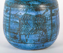 Jacques Blin Incised Blue Glazed Ceramic Vase with Animal Decor