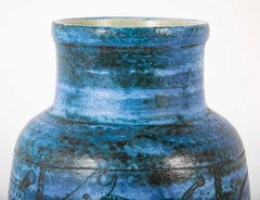 Jacques Blin Incised Blue Glazed Ceramic Vase with Animal Decor