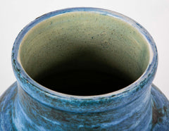 Jacques Blin Incised Blue Glazed Ceramic Vase with Animal Decor