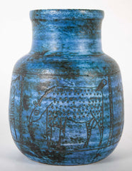 Jacques Blin Incised Blue Glazed Ceramic Vase with Animal Decor