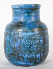 Jacques Blin Incised Blue Glazed Ceramic Vase with Animal Decor