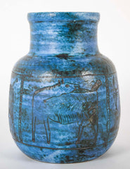 Jacques Blin Incised Blue Glazed Ceramic Vase with Animal Decor