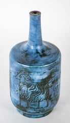 Jacques Blin Incised Blue Glazed Ceramic Vase with Animal Decor
