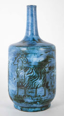 Jacques Blin Incised Blue Glazed Ceramic Vase with Animal Decor