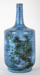 Jacques Blin Incised Blue Glazed Ceramic Vase with Animal Decor