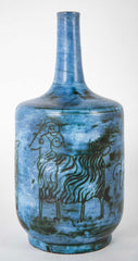 Jacques Blin Incised Blue Glazed Ceramic Vase with Animal Decor