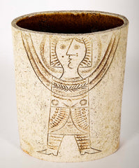 Roger Capron Straight Sided Oval Ceramic Vase with Incised Cubist Figure