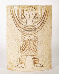 Roger Capron Straight Sided Oval Ceramic Vase with Incised Cubist Figure
