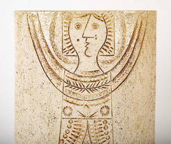 Roger Capron Straight Sided Oval Ceramic Vase with Incised Cubist Figure