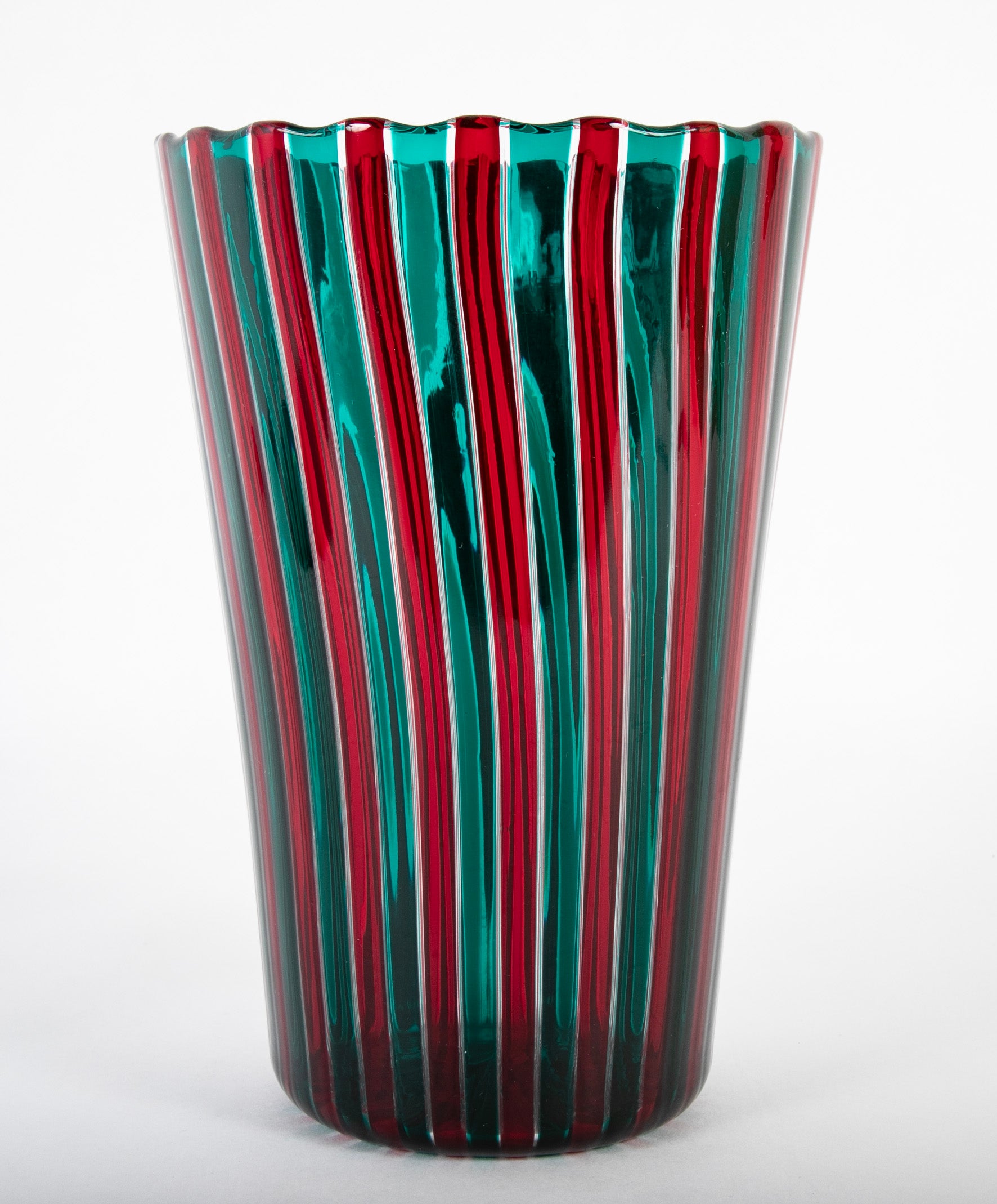 Gio Ponti for Venini Red and Green "A Canne" Glass Vase