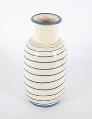 Earthenware Vase Having Blue on White Horizontal Lines