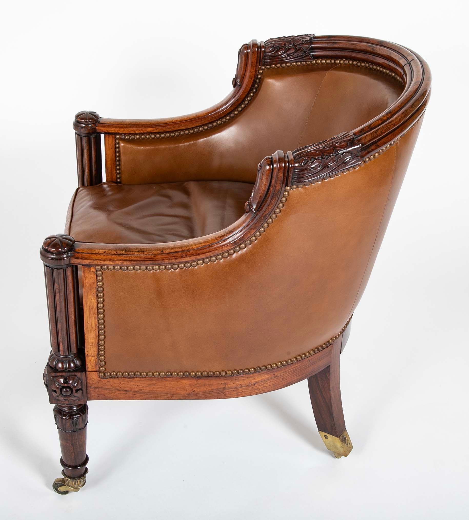 William IV Rosewood Library Chair Upholstered in Leather with Nailhead Trim