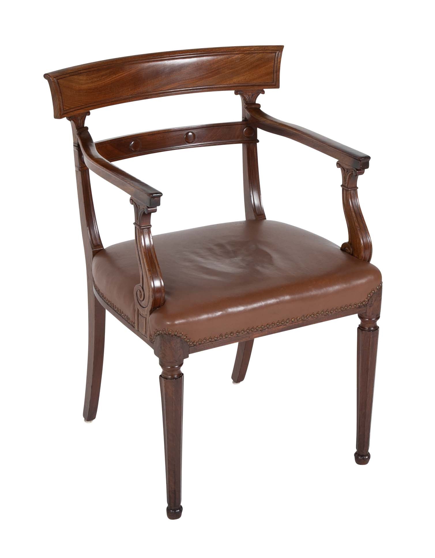 Regency Armchair with Brown Leather Seats and Curved Arm Supports