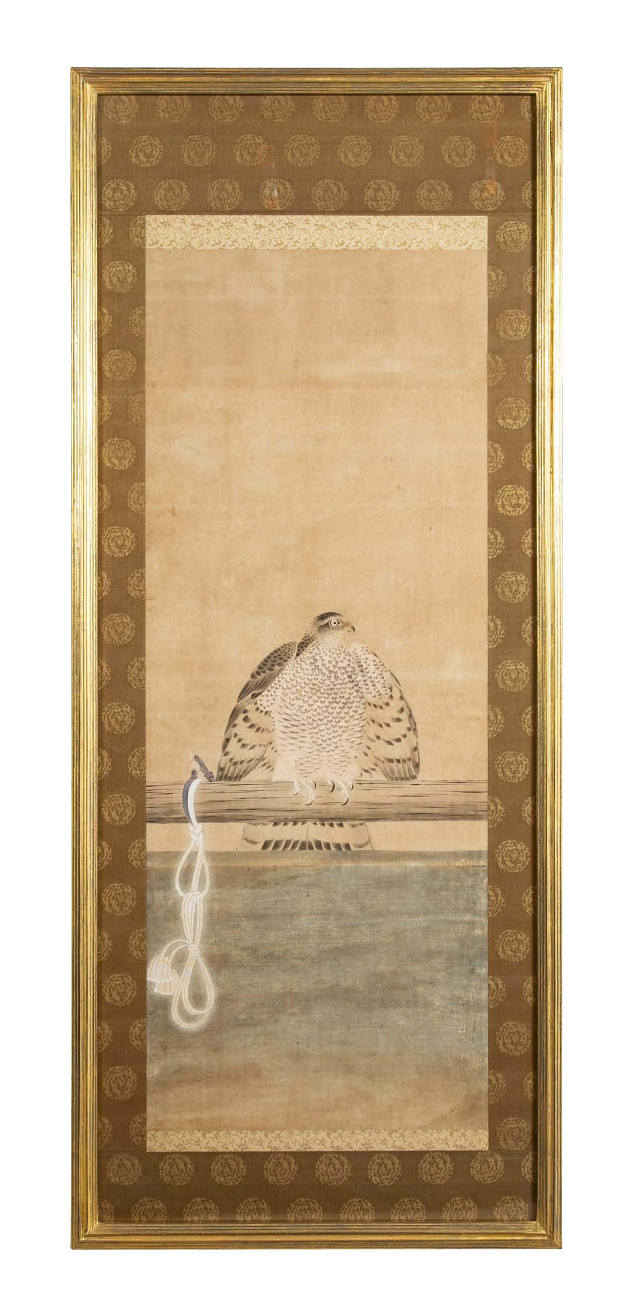 Japanese Edo Period Painted Silk Depicting a Falcon Tethered to a Perch