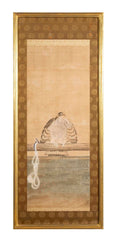 Japanese Edo Period Painted Silk Depicting a Falcon Tethered to a Perch