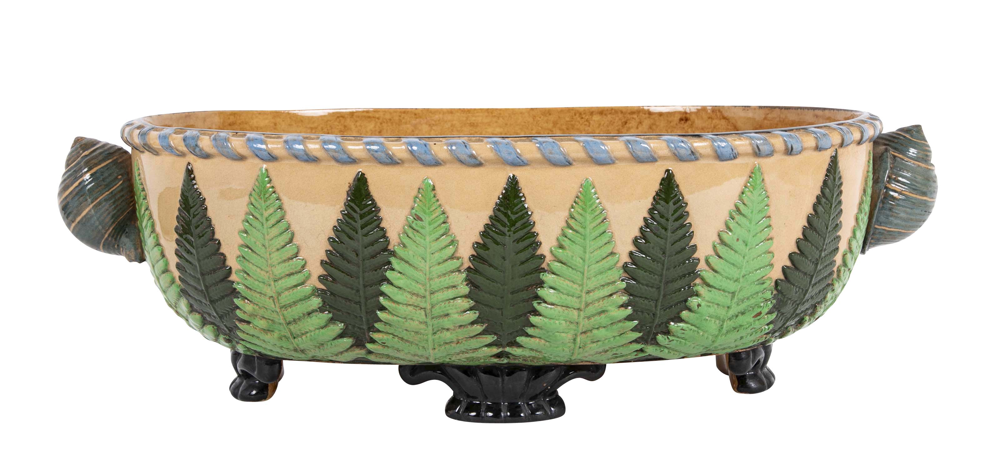 Majolica Slip Glazed Oval Jardiniere with 4 Scrolled Feet and Applied Shell Handles with Green Ferns