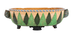 Majolica Slip Glazed Oval Jardiniere with 4 Scrolled Feet and Applied Shell Handles with Green Ferns