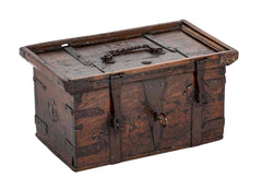 Black Painted English Oak Strongbox Decorated with Coat of Arms