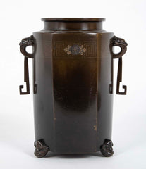 Japanese Mixed Metal Double Handled Vase with Silver Wire Inlay
