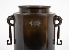Japanese Mixed Metal Double Handled Vase with Silver Wire Inlay