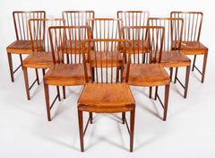 Set of 10 Fritz Hansen Stained Beech Leather Upholstered Dining Chairs
