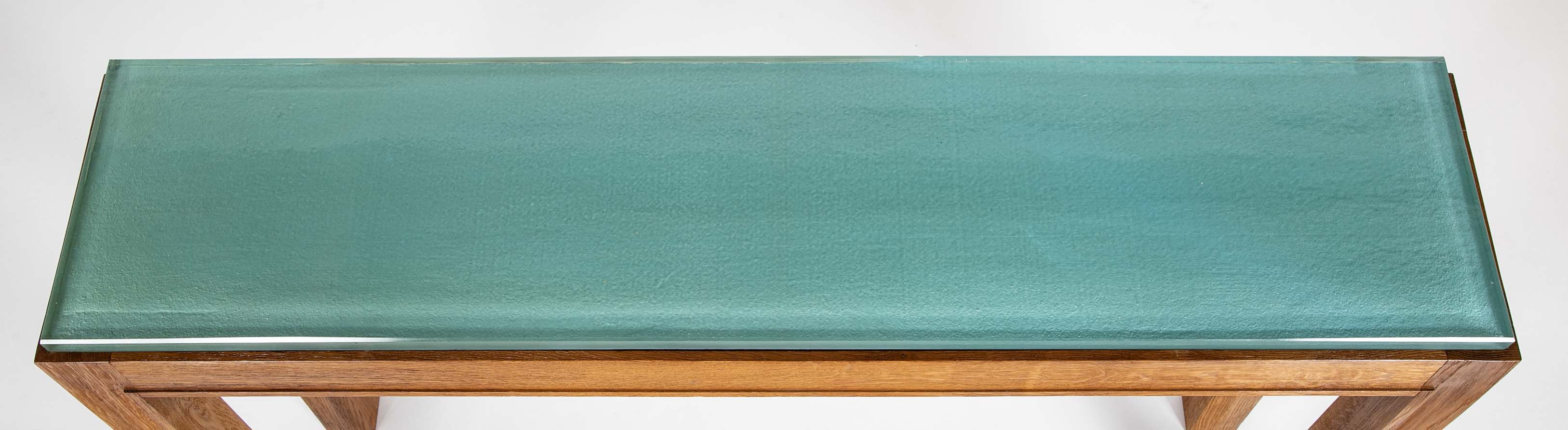 Jacques Adnet Blue/Green Glass Top Console Table