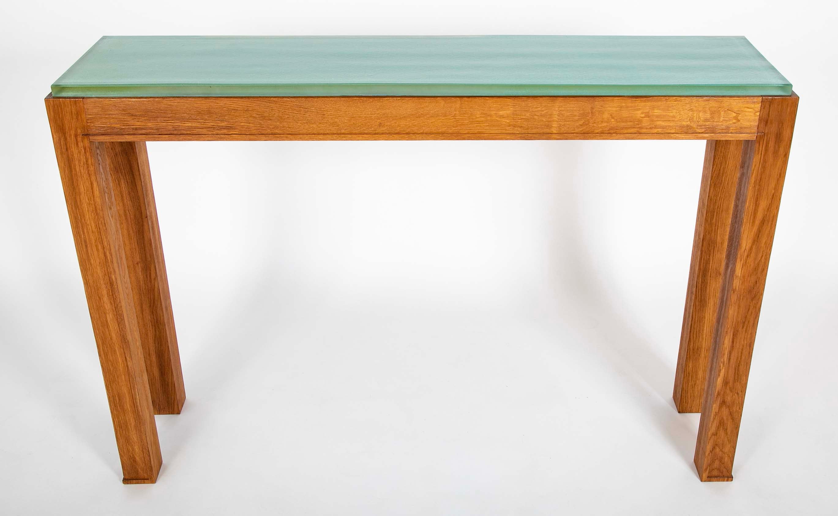 Jacques Adnet Blue/Green Glass Top Console Table