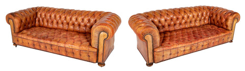 Pair of Mid 20th Century English Chesterfield Sofas in Coral Leather