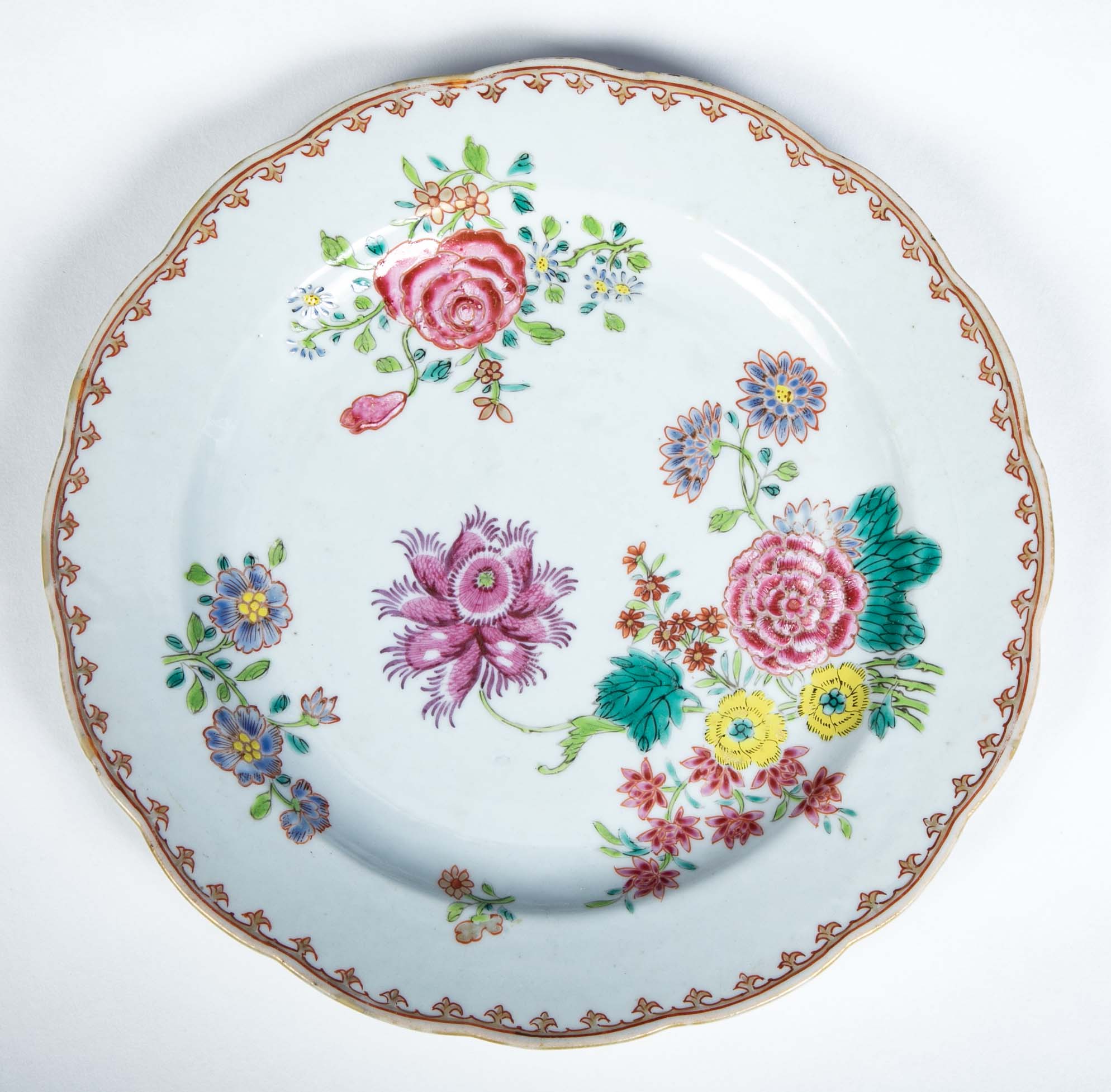 Pair of Chinese Export Famille Rose Porcelain Plates with Floral Polychrome Decor