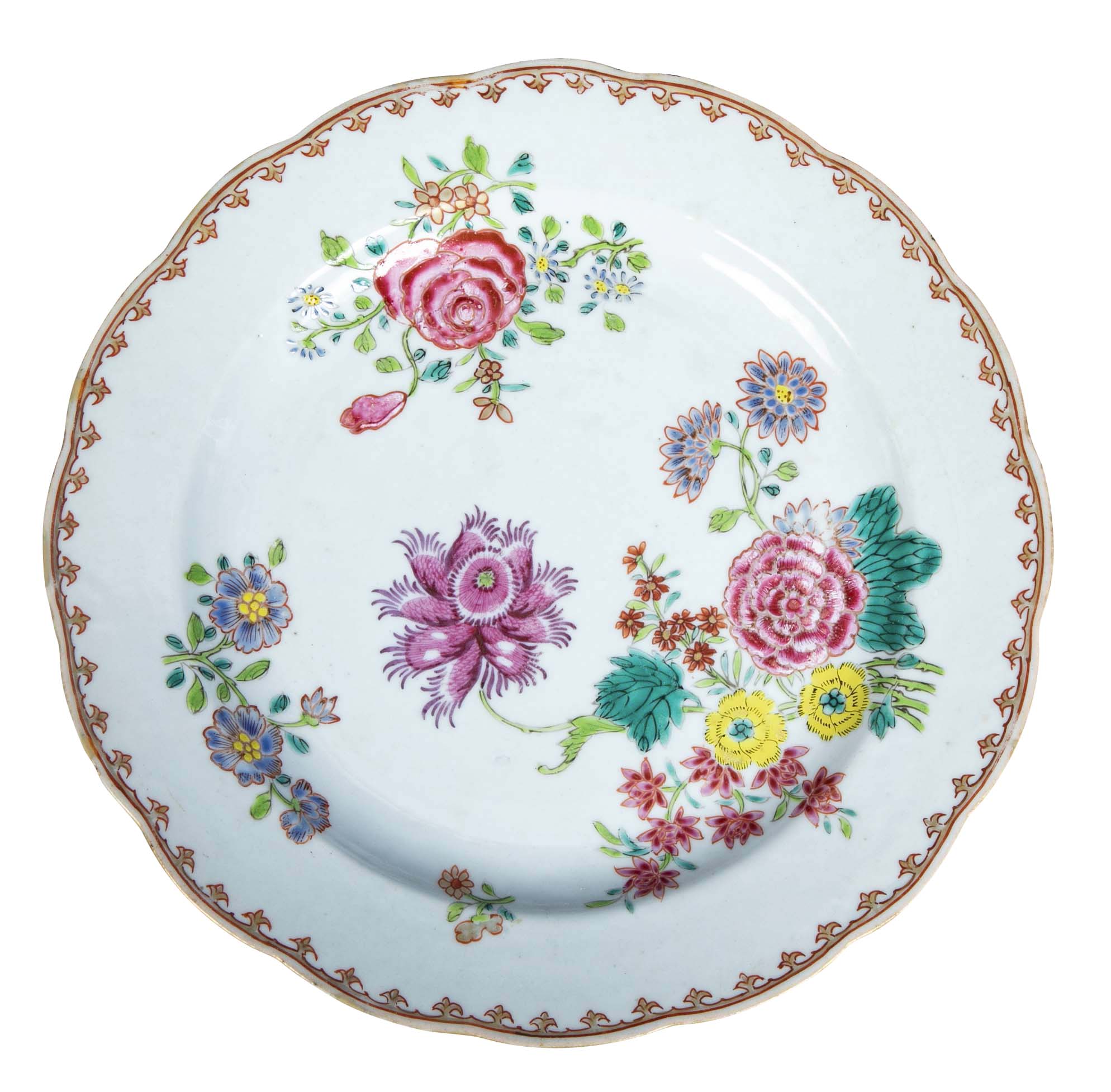Pair of Chinese Export Famille Rose Porcelain Plates with Floral Polychrome Decor